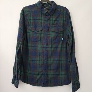 Kavu green blue‎ flannel long sleeve button front shirt mens size M